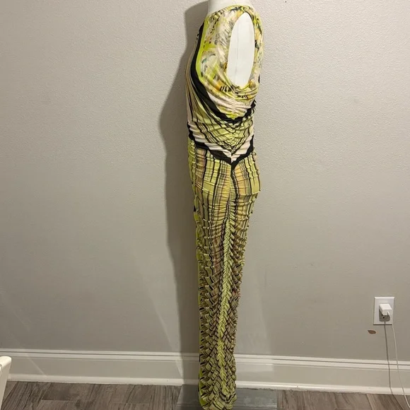 AFRM Biona Striped Ankle Length Bodycon Dress Asymmetrical Neck Ruched Mesh - Picture 6 of 10